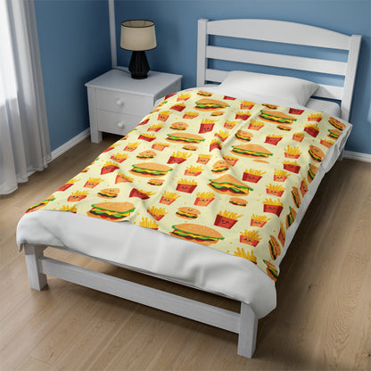 Hamburger and Fries Velveteen Plush Blanket