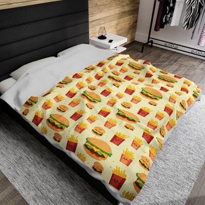 Hamburger and Fries Velveteen Plush Blanket