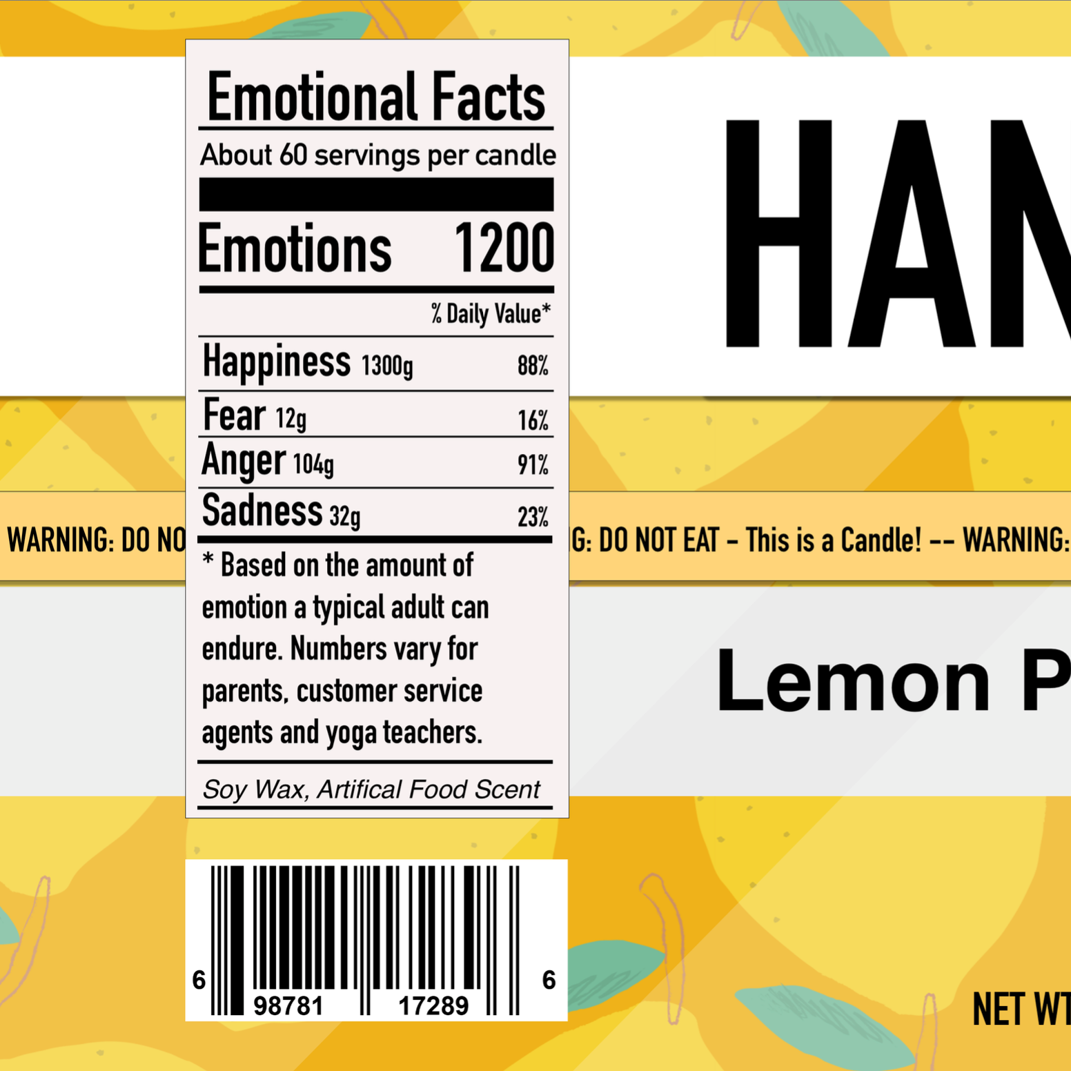 The packaging label of a Hangry Candle 'Lemon Pound Cake' scented candle, featuring a yellow and white design with product details, ingredients, and a photo of Chef Michel Ru.