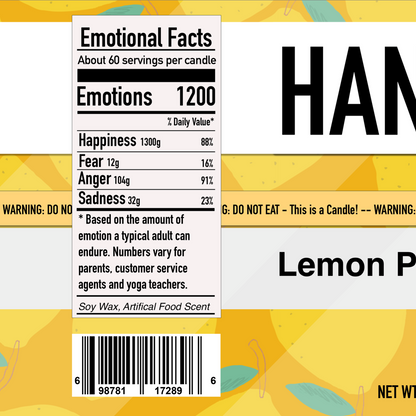 The packaging label of a Hangry Candle 'Lemon Pound Cake' scented candle, featuring a yellow and white design with product details, ingredients, and a photo of Chef Michel Ru.